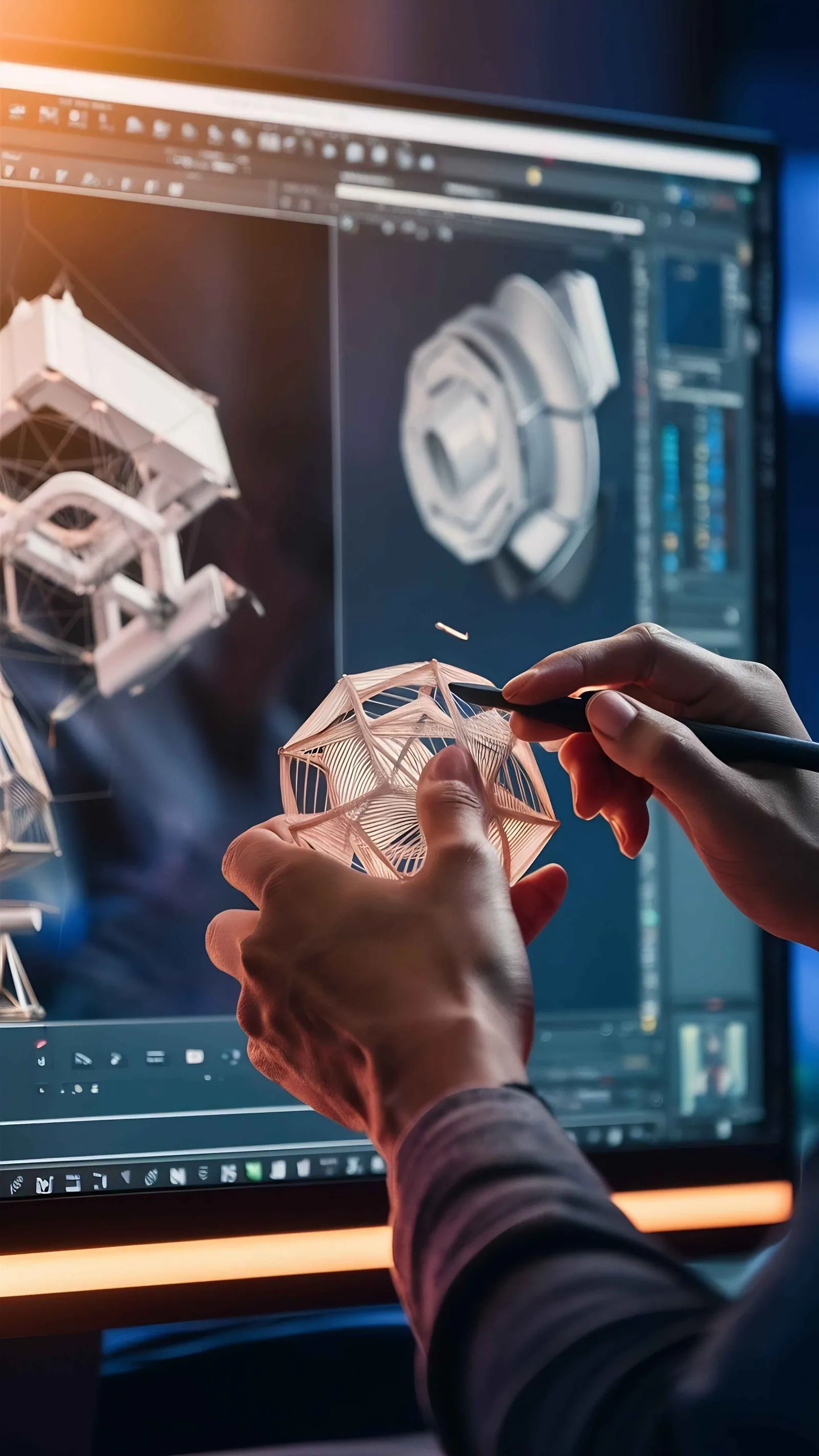 Hand met een 3D-model bij CAD-ontwerpsoftware op het scherm — Microsoft 365 Copilot voor het mkb