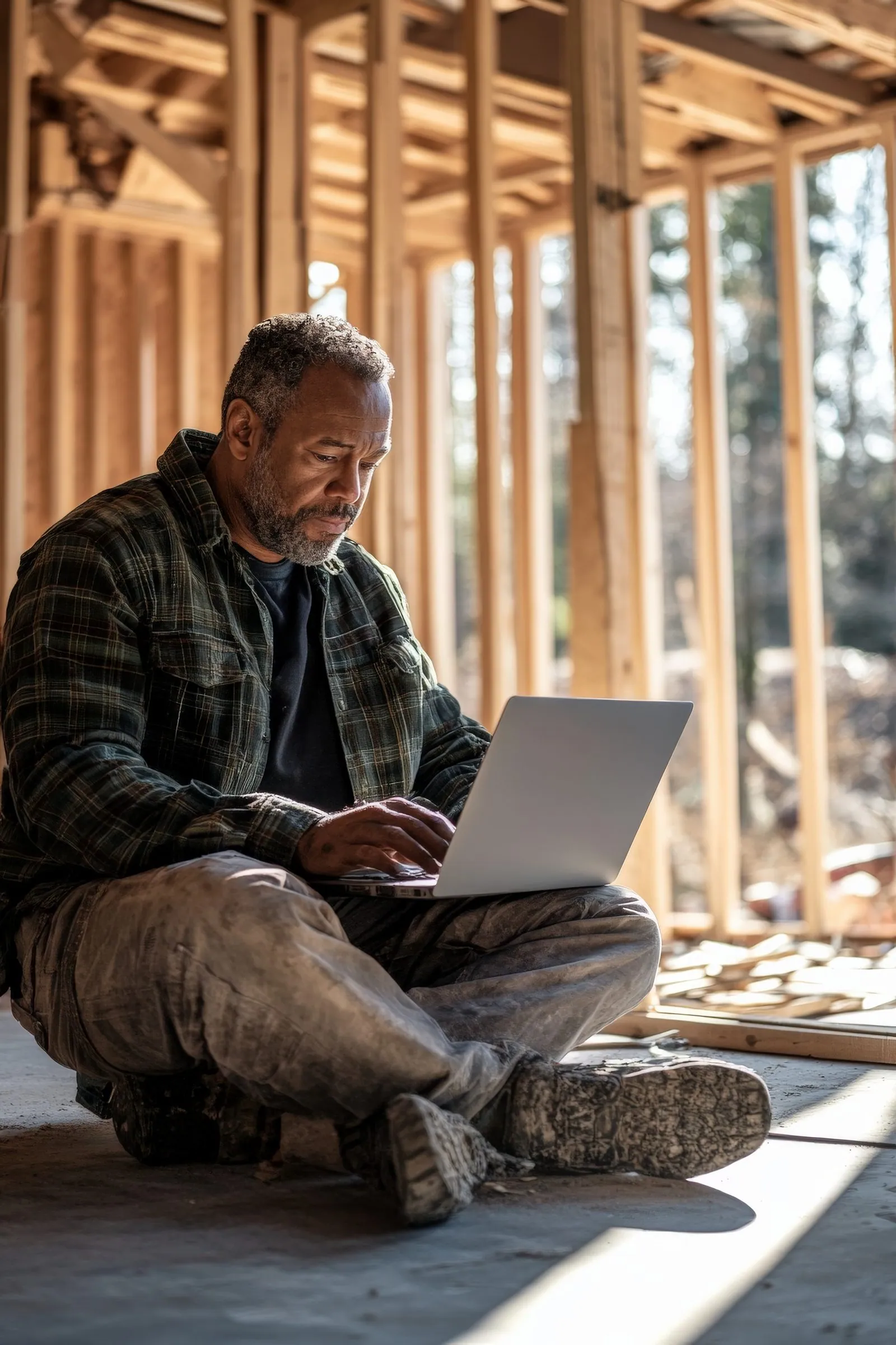 Bouwvakker met laptop op de bouwplaats — heldere IT-tarieven van CloudDock