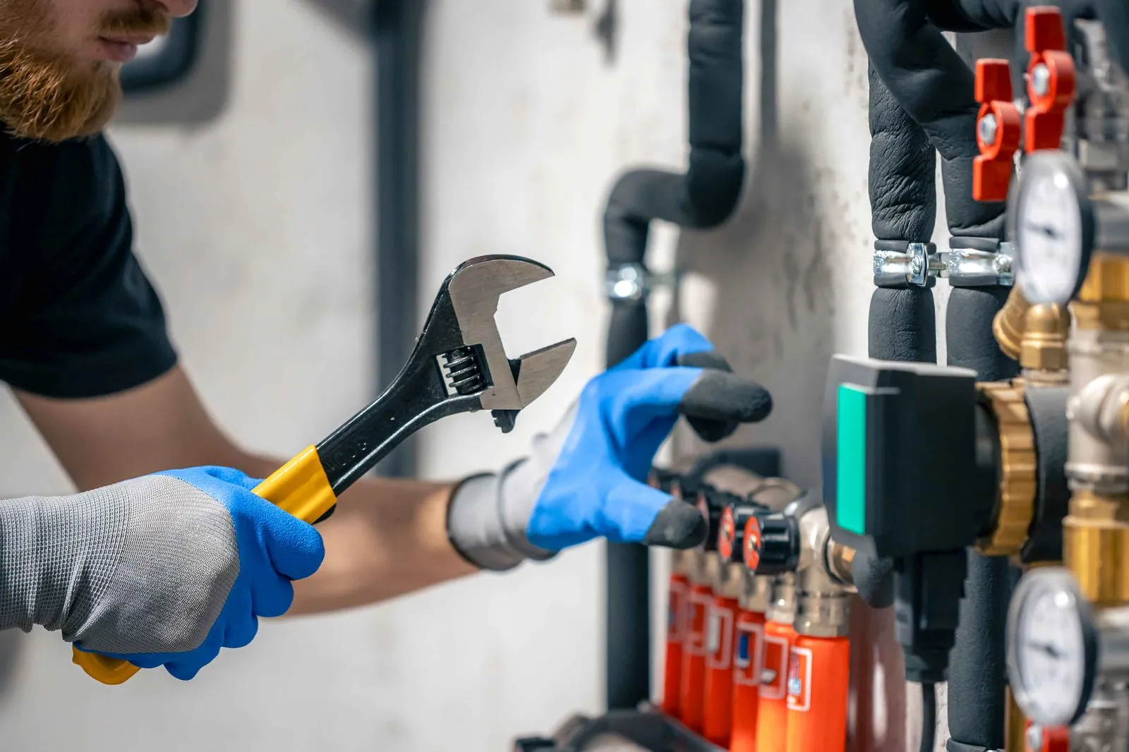 Installateur werkt aan een cv-verdeler — IT voor montage en buitendienst