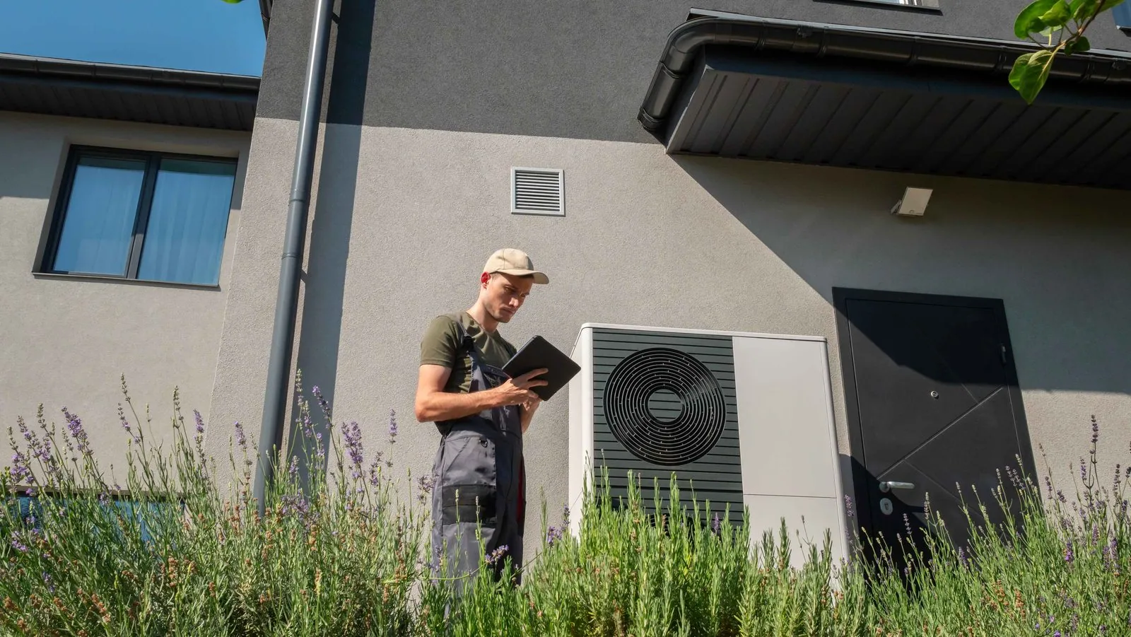 Technicus bij een warmtepomp aan een woning — IT afgestemd op jouw werkvloer